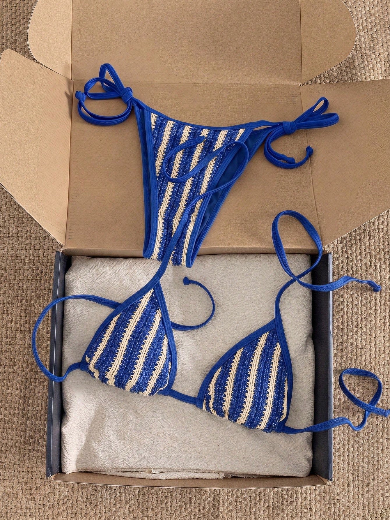 Swim Vcay Women's Blue And White Striped Triangle Bikini Set,2 Pieces Swimwear With Side Tie Bottom,Summer Casual Beach Holiday Vacation Holiday Beachwear