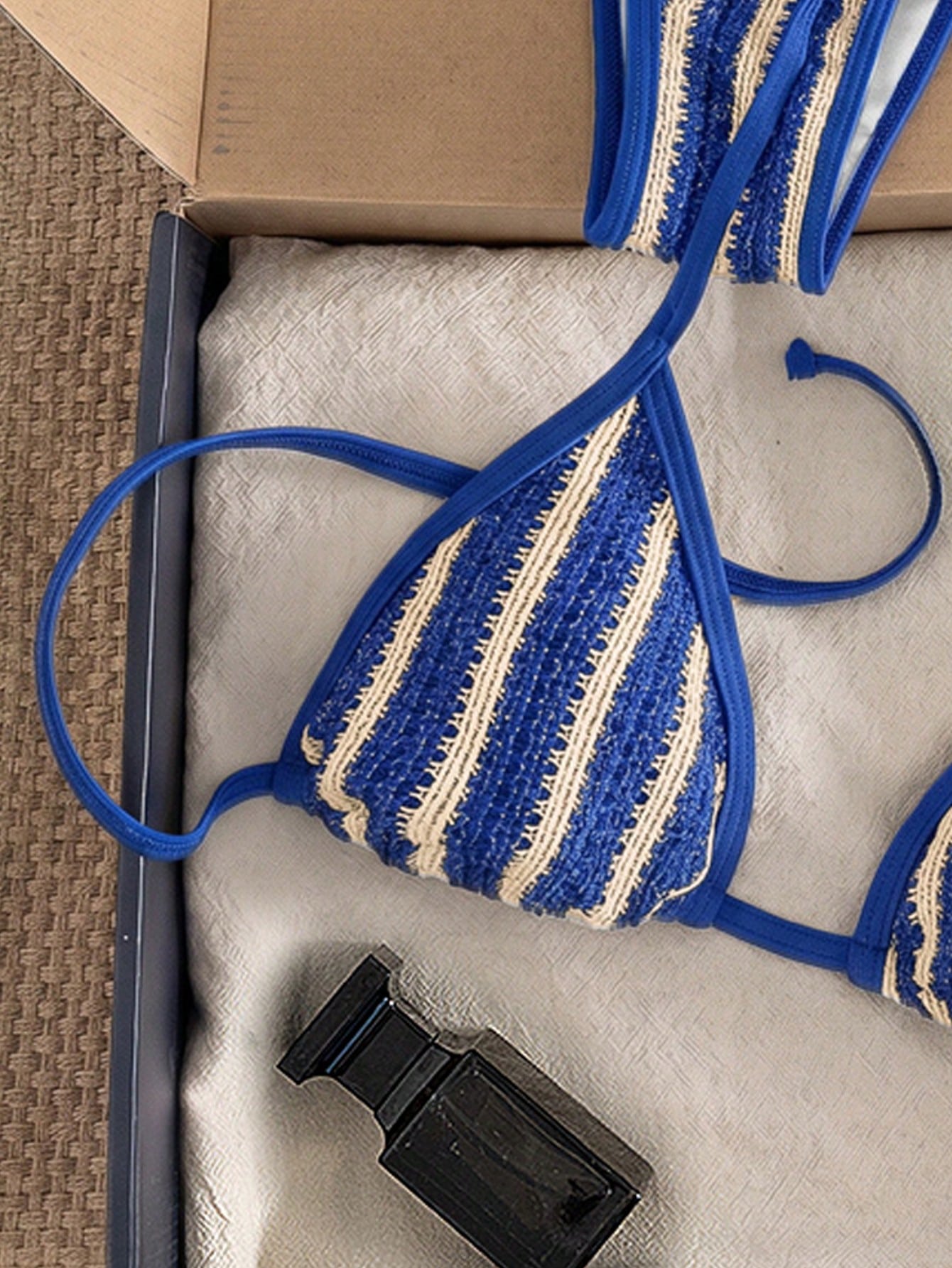 Swim Vcay Women's Blue And White Striped Triangle Bikini Set,2 Pieces Swimwear With Side Tie Bottom,Summer Casual Beach Holiday Vacation Holiday Beachwear