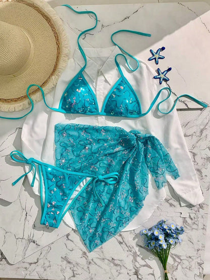 Swim Vcay Women's Blue Sequin Spaghetti Strap Halter Sexy Beach 3 PiecesBikini Swimwear, Summer