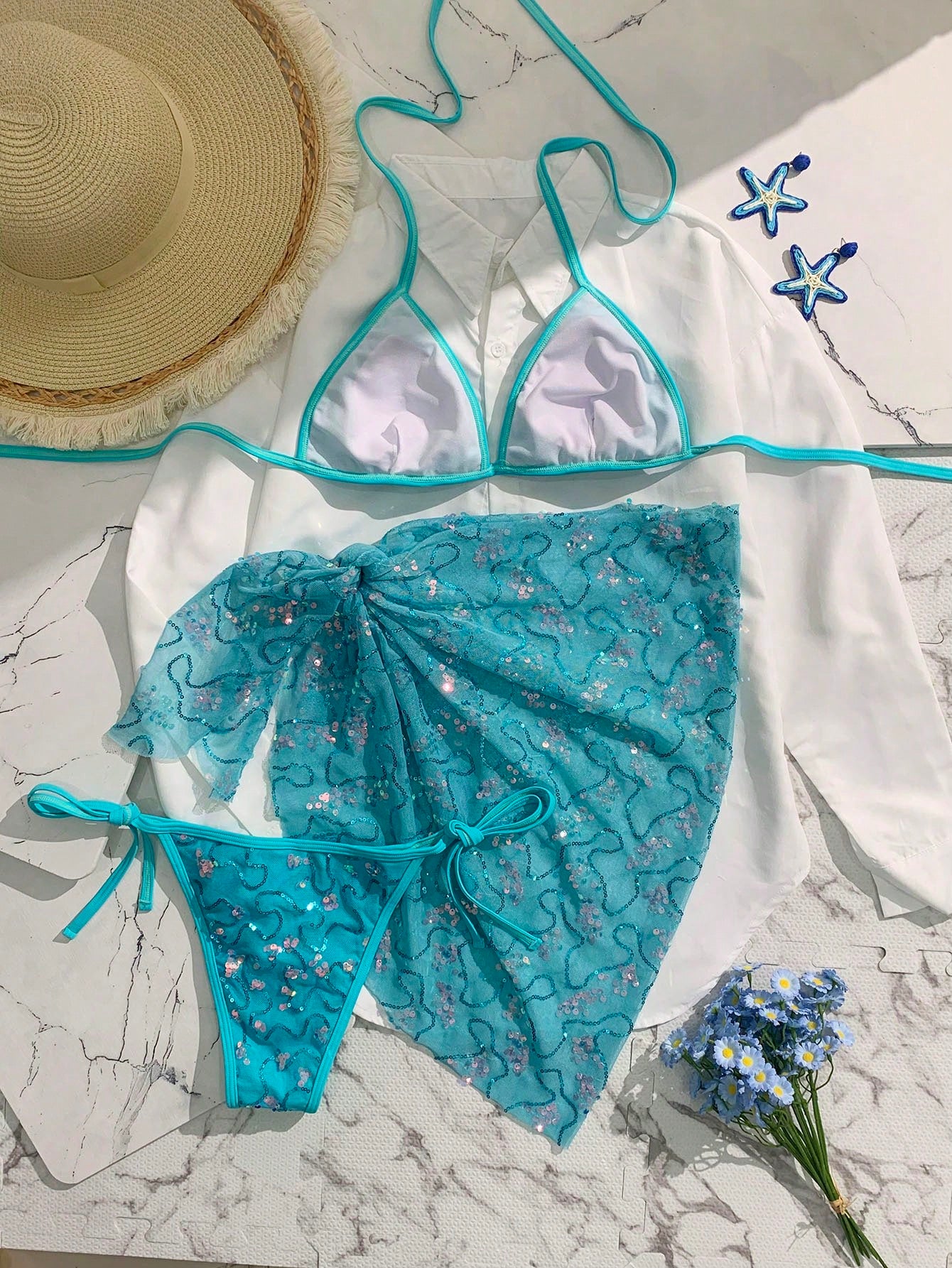 Swim Vcay Women's Blue Sequin Spaghetti Strap Halter Sexy Beach 3 PiecesBikini Swimwear, Summer