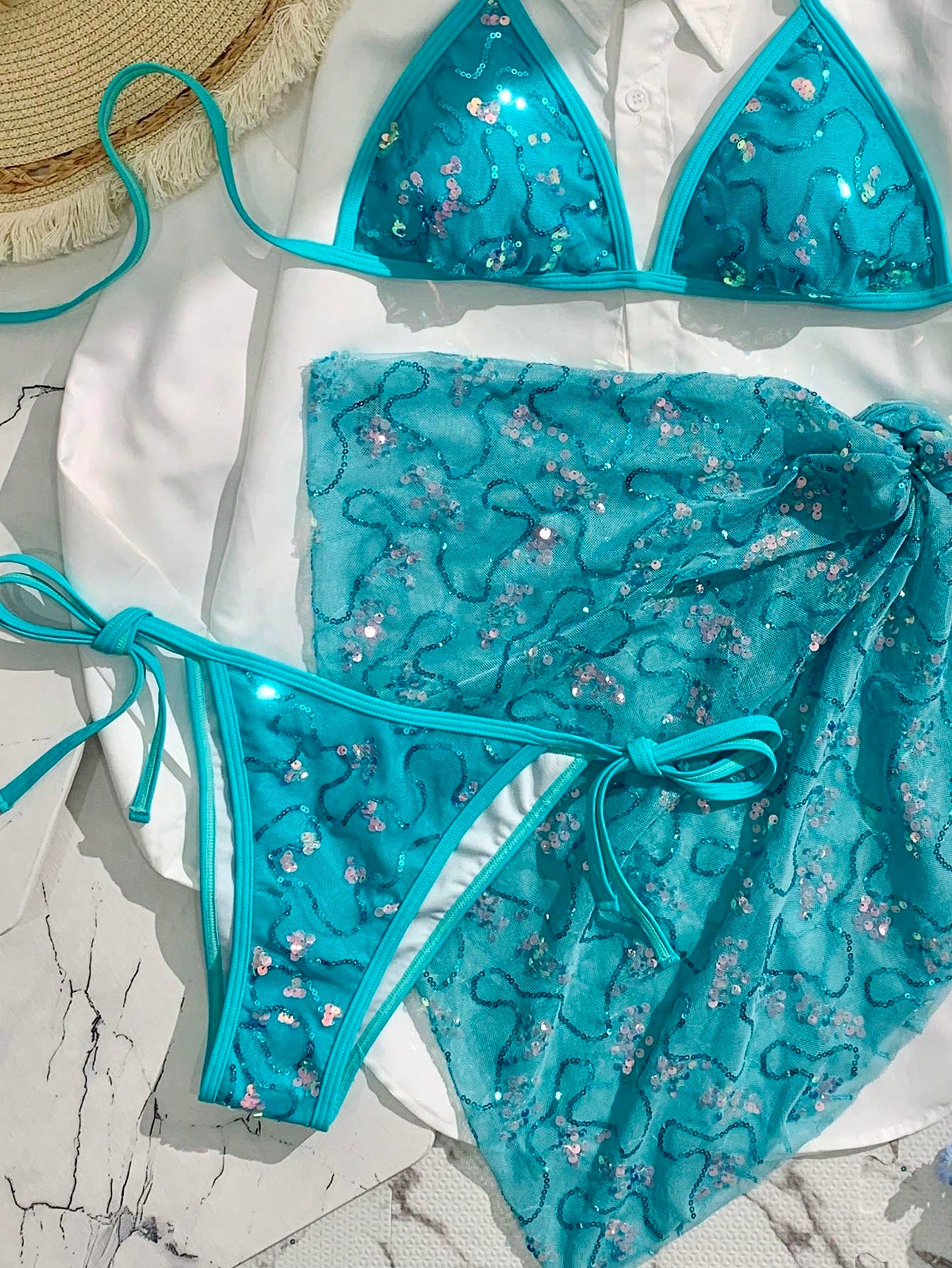 Swim Vcay Women's Blue Sequin Spaghetti Strap Halter Sexy Beach 3 PiecesBikini Swimwear, Summer