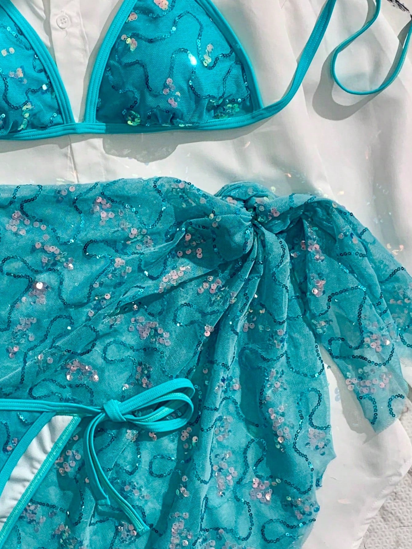 Swim Vcay Women's Blue Sequin Spaghetti Strap Halter Sexy Beach 3 PiecesBikini Swimwear, Summer
