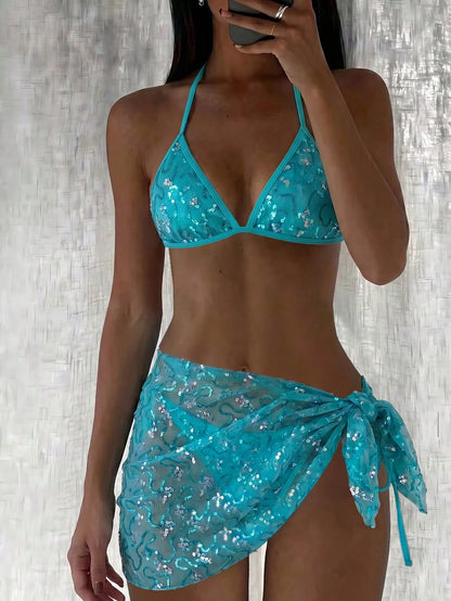 Swim Vcay Women's Blue Sequin Spaghetti Strap Halter Sexy Beach 3 PiecesBikini Swimwear, Summer