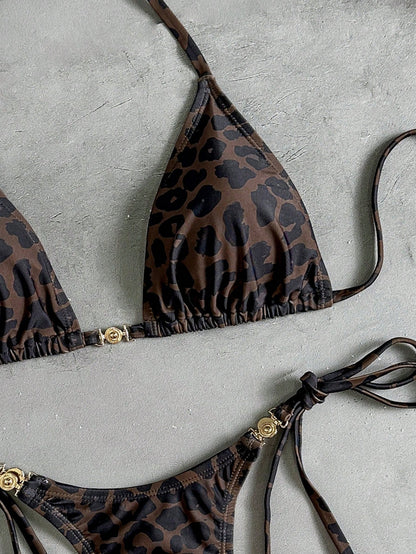 Swim Vcay Women's Chocolate Brown Tropical Leopard Print Two Pieces Bikini Set With Metal Accessories,Summer Casual Beach Holiday Vacation Resort Wear