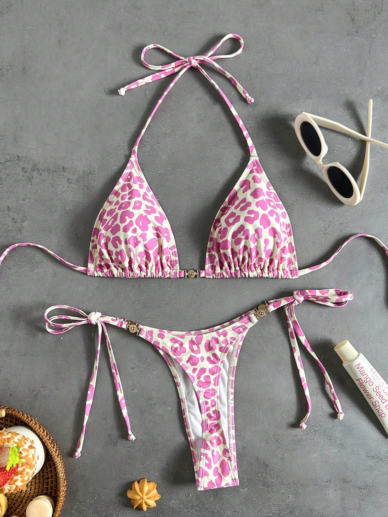Swim Vcay Women's Chocolate Brown Tropical Leopard Print Two Pieces Bikini Set With Metal Accessories,Summer Casual Beach Holiday Vacation Resort Wear