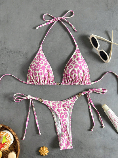 Swim Vcay Women's Chocolate Brown Tropical Leopard Print Two Pieces Bikini Set With Metal Accessories,Summer Casual Beach Holiday Vacation Resort Wear