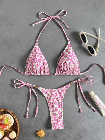 Swim Vcay Women's Chocolate Brown Tropical Leopard Print Two Pieces Bikini Set With Metal Accessories,Summer Casual Beach Holiday Vacation Resort Wear
