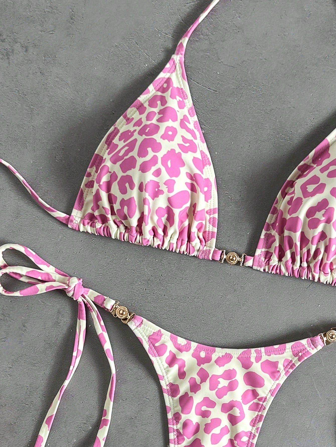 Swim Vcay Women's Chocolate Brown Tropical Leopard Print Two Pieces Bikini Set With Metal Accessories,Summer Casual Beach Holiday Vacation Resort Wear