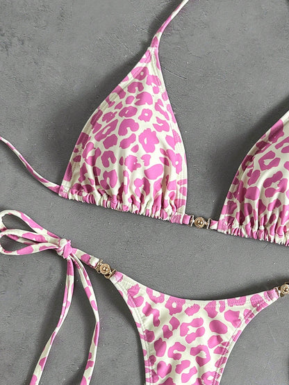 Swim Vcay Women's Chocolate Brown Tropical Leopard Print Two Pieces Bikini Set With Metal Accessories,Summer Casual Beach Holiday Vacation Resort Wear
