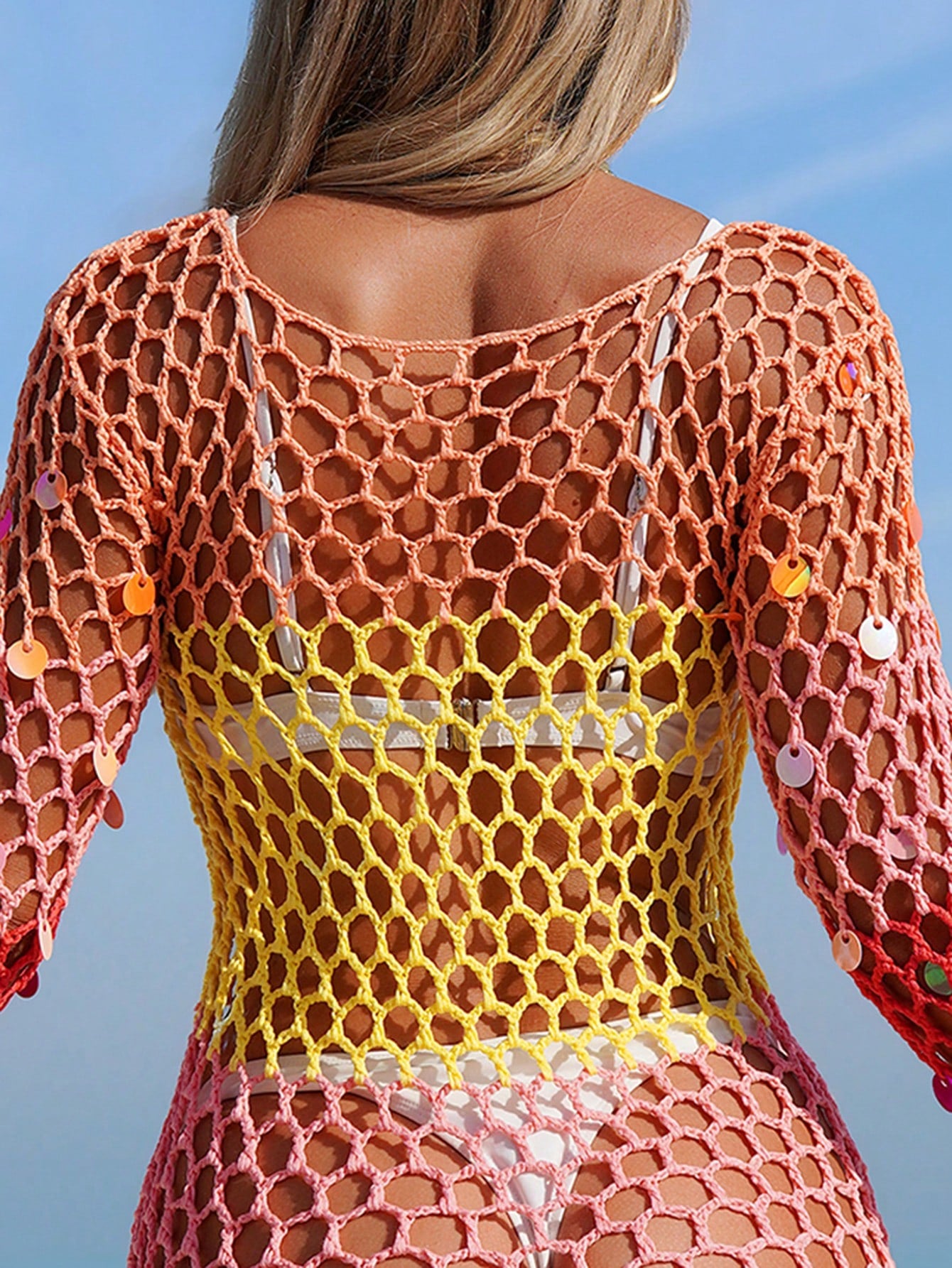 Swim Vcay Women's Colorful Beaded Sequin Net Cover-Up Dress, Round Neck Long Crochet Sleeve Beach Vacation Dress For Summer