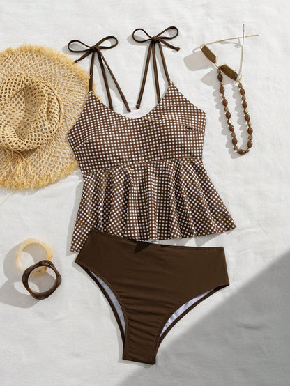 Swim Vcay Women's Cute Brown Striped U-Neck Halter Flare Swimsuit Top With Regular Bottoms,2-Piece Slim Fit Set For Summer Beach Vacation,Holiday,Spring Break