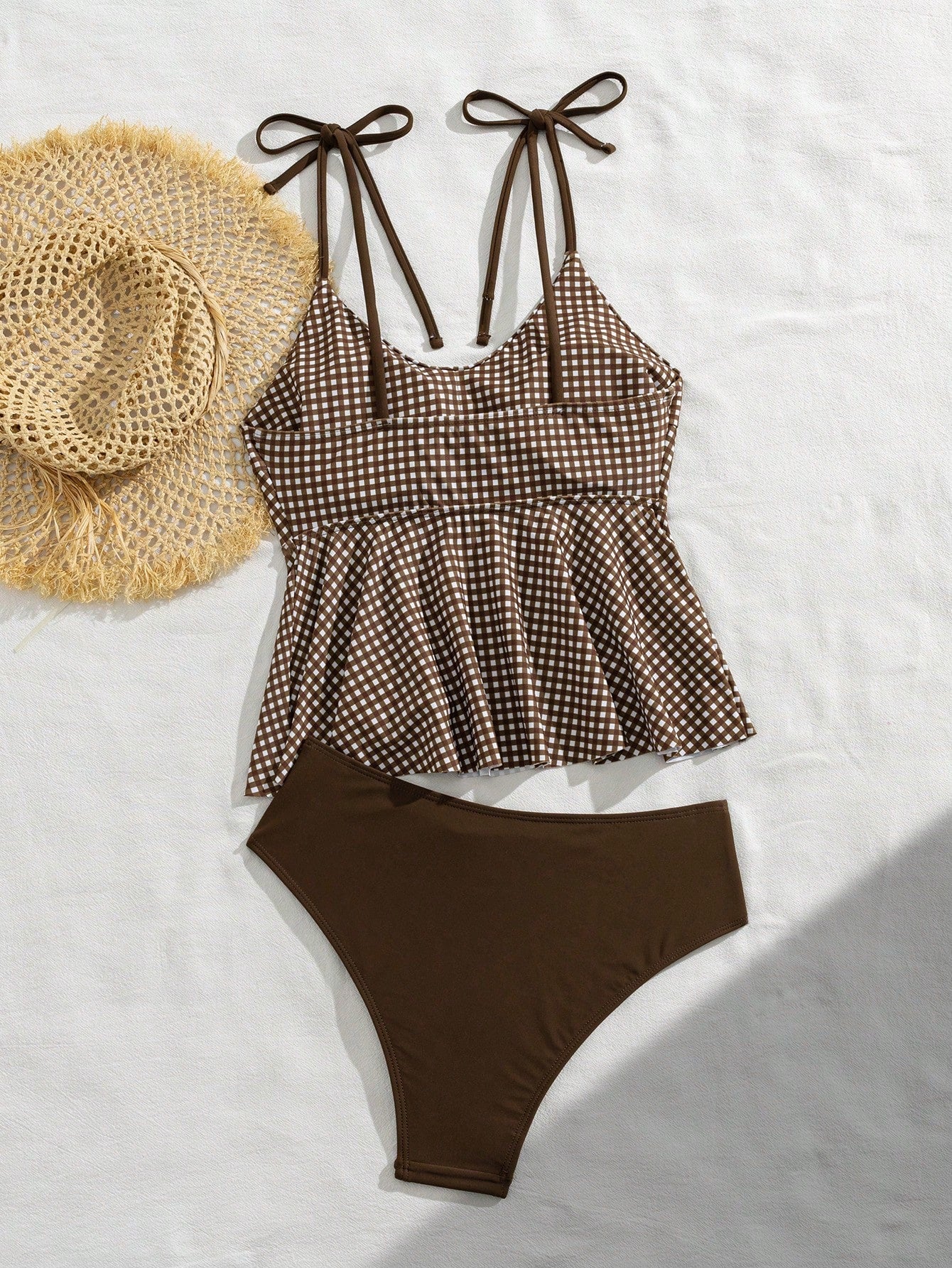 Swim Vcay Women's Cute Brown Striped U-Neck Halter Flare Swimsuit Top With Regular Bottoms,2-Piece Slim Fit Set For Summer Beach Vacation,Holiday,Spring Break