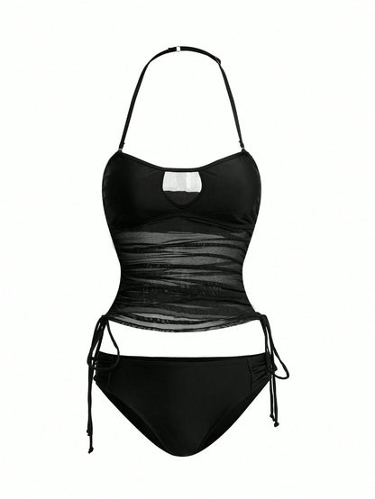 Swim Vcay Women's Detachable Bandeau Side Tie Drawstring Tankini Swimsuit Set For Summer Beach Vacation
