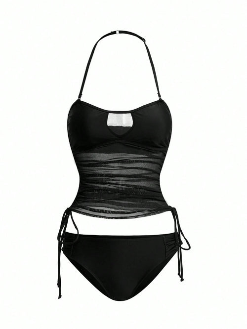 Swim Vcay Women's Detachable Bandeau Side Tie Drawstring Tankini Swimsuit Set For Summer Beach Vacation