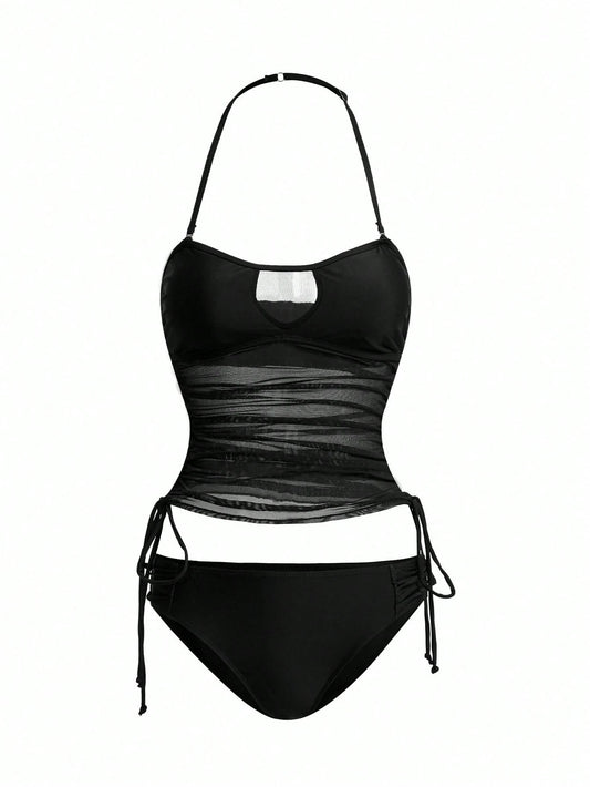 Swim Vcay Women's Detachable Bandeau Side Tie Drawstring Tankini Swimsuit Set For Summer Beach Vacation