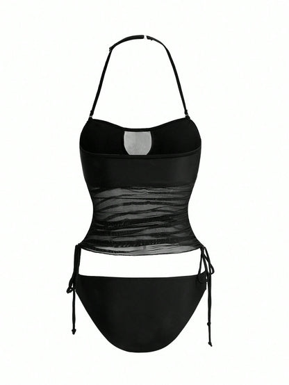 Swim Vcay Women's Detachable Bandeau Side Tie Drawstring Tankini Swimsuit Set For Summer Beach Vacation