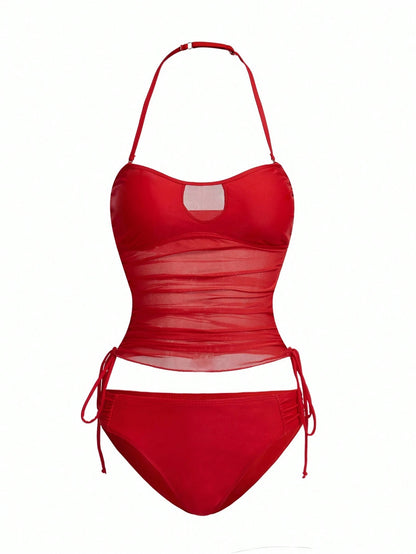 Swim Vcay Women's Detachable Bandeau Side Tie Drawstring Tankini Swimsuit Set For Summer Beach Vacation