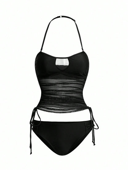 Swim Vcay Women's Detachable Bandeau Side Tie Drawstring Tankini Swimsuit Set For Summer Beach Vacation