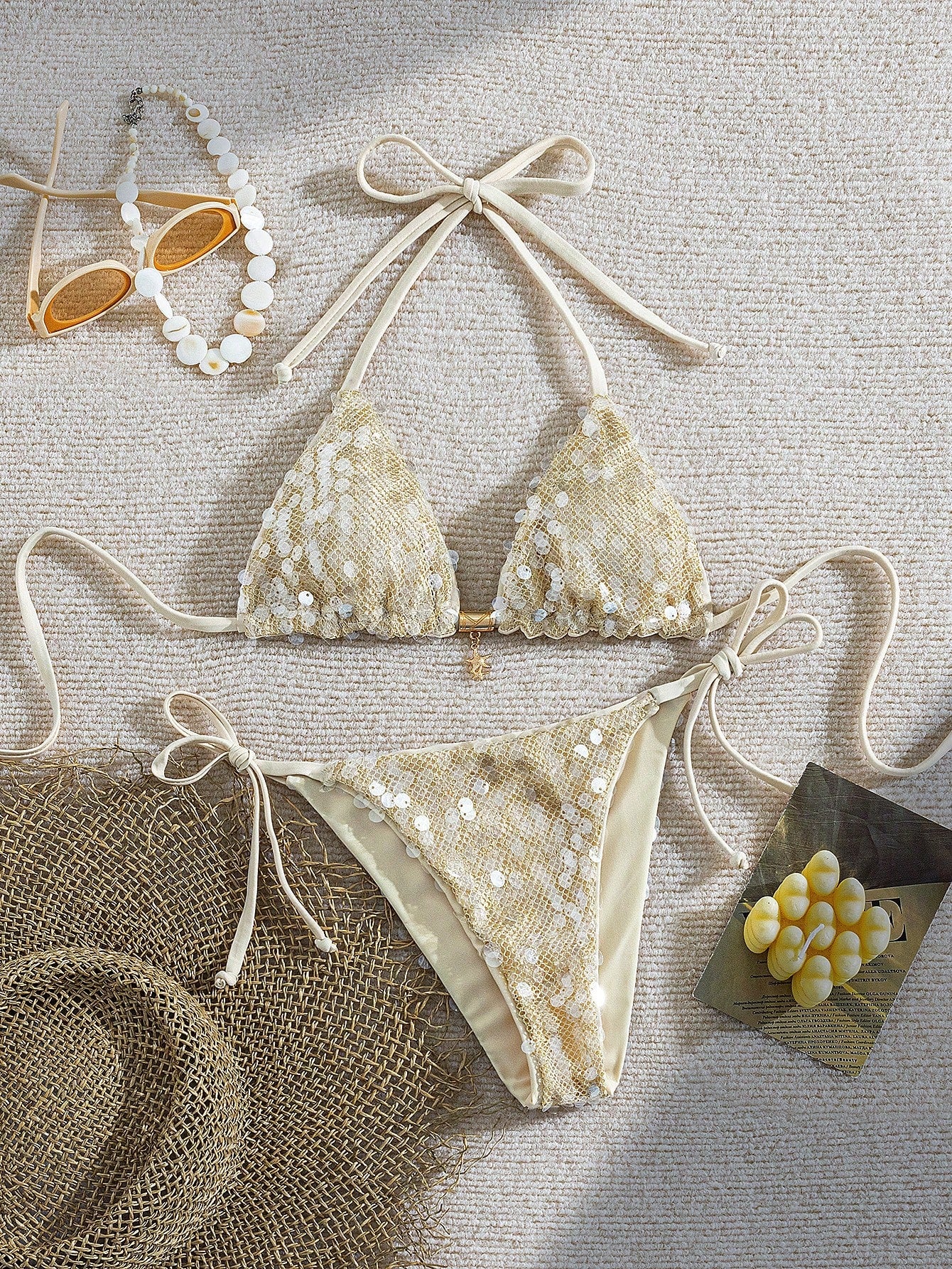 Swim Vcay Women's Elegant Retro Y2K Stripes Triangle Bikini Set With Lace Trim,Beige Summer Casual Beach Holiday Vacation,Halter Top & Thong Cheeky Bottom
