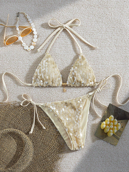 Swim Vcay Women's Elegant Retro Y2K Stripes Triangle Bikini Set With Lace Trim,Beige Summer Casual Beach Holiday Vacation,Halter Top & Thong Cheeky Bottom