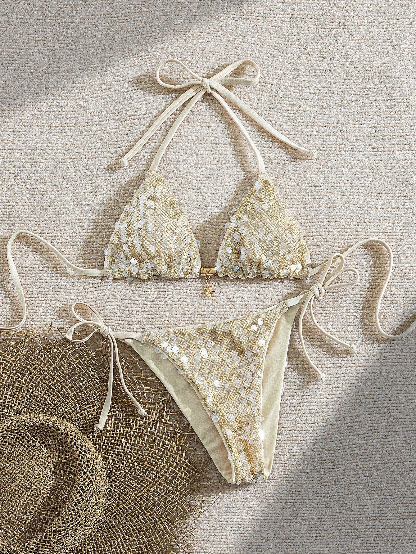 Swim Vcay Women's Elegant Retro Y2K Stripes Triangle Bikini Set With Lace Trim,Beige Summer Casual Beach Holiday Vacation,Halter Top & Thong Cheeky Bottom