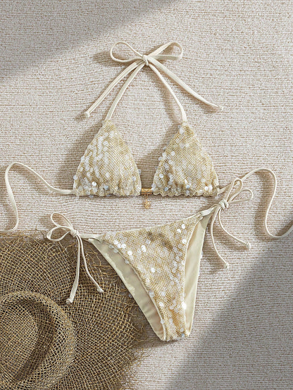 Swim Vcay Women's Elegant Retro Y2K Stripes Triangle Bikini Set With Lace Trim,Beige Summer Casual Beach Holiday Vacation,Halter Top & Thong Cheeky Bottom