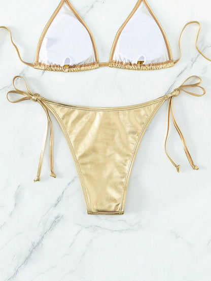 Swim Vcay Women's Gold Slim Strap Bikini Bottom For Holiday For Swimming Pool,Summer Beach