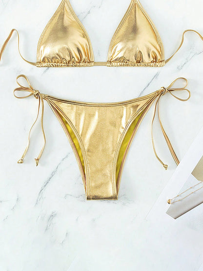 Swim Vcay Women's Gold Slim Strap Bikini Bottom For Holiday For Swimming Pool,Summer Beach