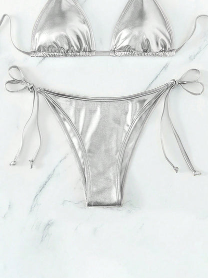 Swim Vcay Women's Gold Slim Strap Bikini Bottom For Holiday For Swimming Pool,Summer Beach