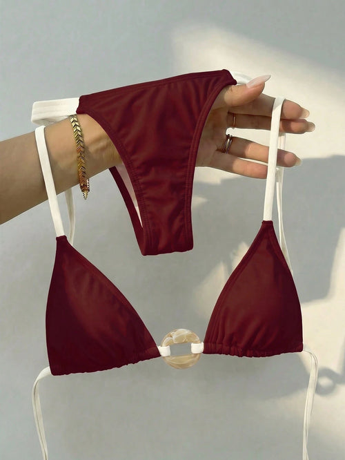 Swim Vcay Women's Halter Neck Tie Bikini Set With Ring Design On Chest, Sexy Two-Piece Swimsuit Beach Burgundy Summer