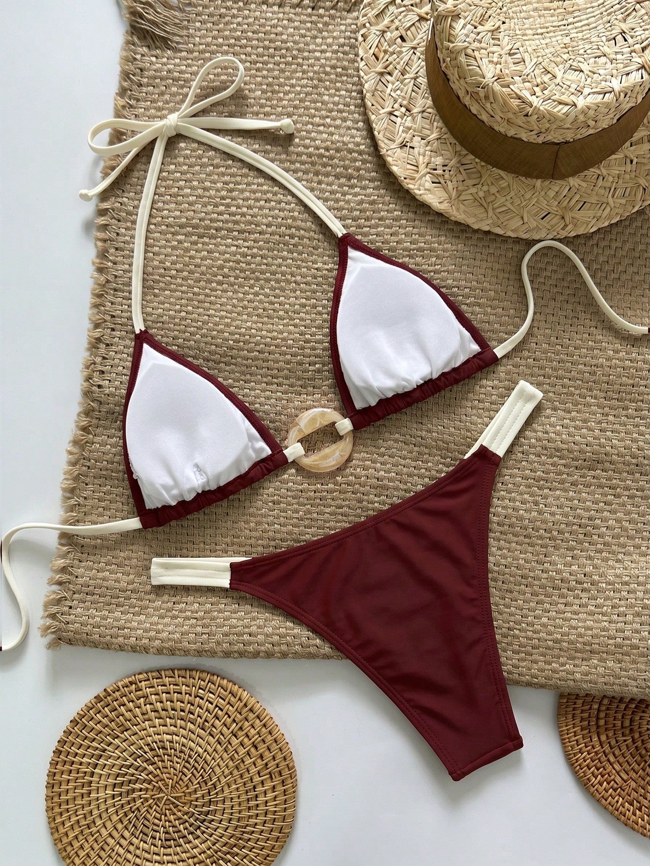 Swim Vcay Women's Halter Neck Tie Bikini Set With Ring Design On Chest, Sexy Two-Piece Swimsuit Beach Burgundy Summer