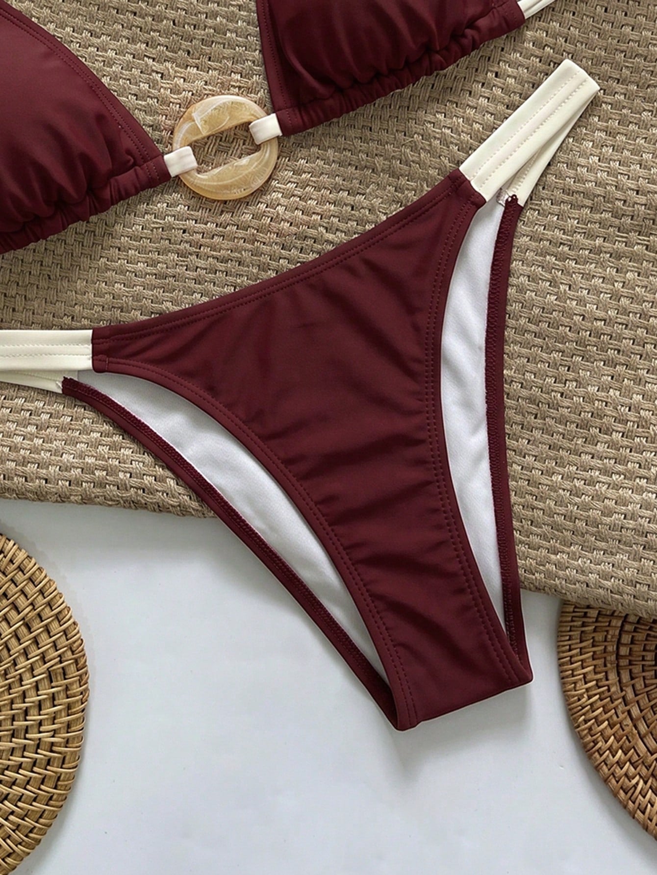 Swim Vcay Women's Halter Neck Tie Bikini Set With Ring Design On Chest, Sexy Two-Piece Swimsuit Beach Burgundy Summer