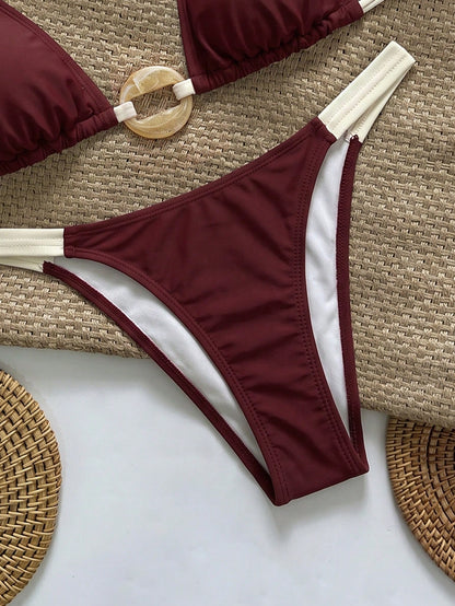 Swim Vcay Women's Halter Neck Tie Bikini Set With Ring Design On Chest, Sexy Two-Piece Swimsuit Beach Burgundy Summer