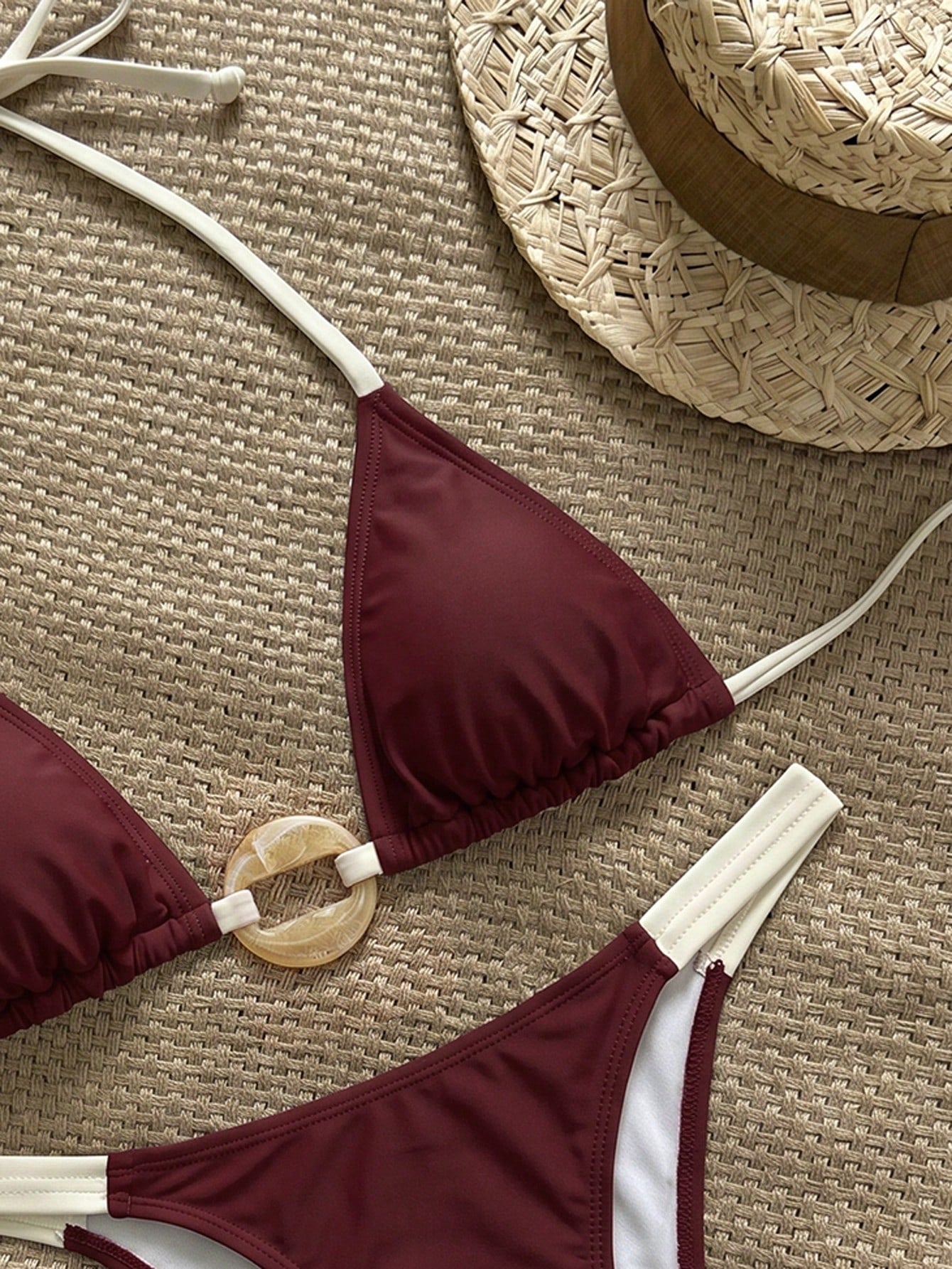 Swim Vcay Women's Halter Neck Tie Bikini Set With Ring Design On Chest, Sexy Two-Piece Swimsuit Beach Burgundy Summer