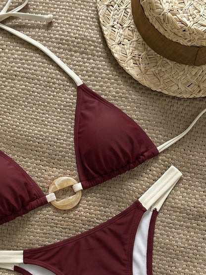 Swim Vcay Women's Halter Neck Tie Bikini Set With Ring Design On Chest, Sexy Two-Piece Swimsuit Beach Burgundy Summer