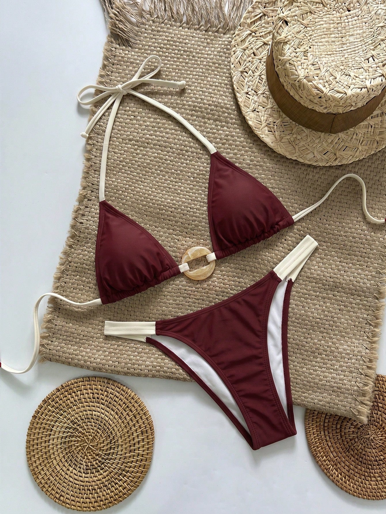 Swim Vcay Women's Halter Neck Tie Bikini Set With Ring Design On Chest, Sexy Two-Piece Swimsuit Beach Burgundy Summer