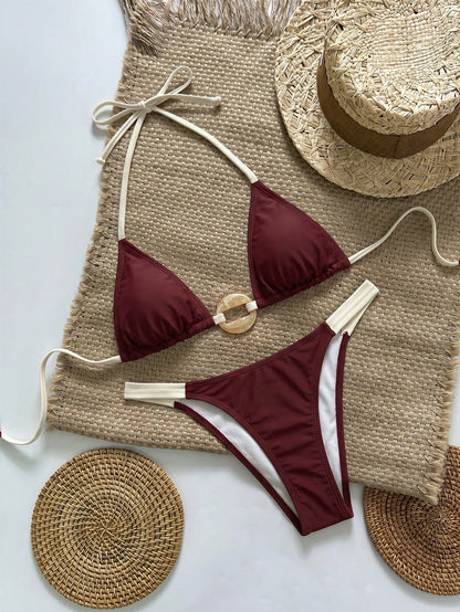 Swim Vcay Women's Halter Neck Tie Bikini Set With Ring Design On Chest, Sexy Two-Piece Swimsuit Beach Burgundy Summer