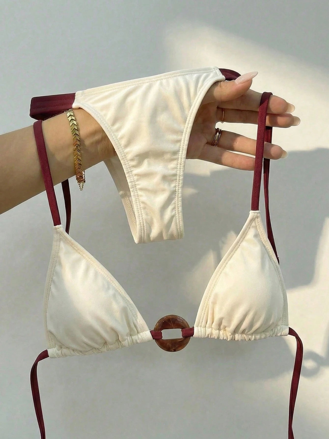 Swim Vcay Women's Halter Neck Tie Bikini Set With Ring Design On Chest, Sexy Two-Piece Swimsuit Beach Burgundy Summer