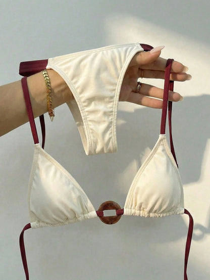 Swim Vcay Women's Halter Neck Tie Bikini Set With Ring Design On Chest, Sexy Two-Piece Swimsuit Beach Burgundy Summer