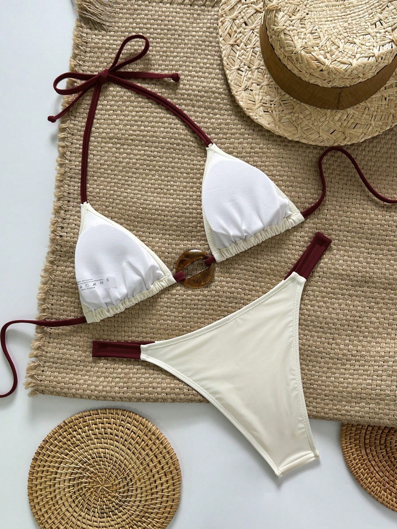 Swim Vcay Women's Halter Neck Tie Bikini Set With Ring Design On Chest, Sexy Two-Piece Swimsuit Beach Burgundy Summer