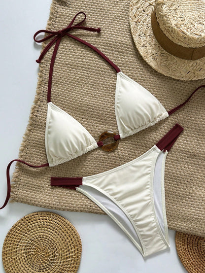Swim Vcay Women's Halter Neck Tie Bikini Set With Ring Design On Chest, Sexy Two-Piece Swimsuit Beach Burgundy Summer