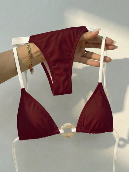 Swim Vcay Women's Halter Neck Tie Bikini Set With Ring Design On Chest, Sexy Two-Piece Swimsuit Beach Burgundy Summer