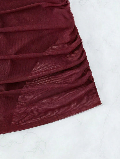 Swim Vcay Women's Holiday Versatile Ruched Swimwear Bottom Cover-Up Skirt Beach Vacation Burgundy Summer Casual Swimwear Bottom Cover-Up Skirt