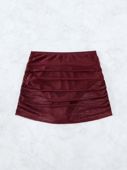 Swim Vcay Women's Holiday Versatile Ruched Swimwear Bottom Cover-Up Skirt Beach Vacation Burgundy Summer Casual Swimwear Bottom Cover-Up Skirt