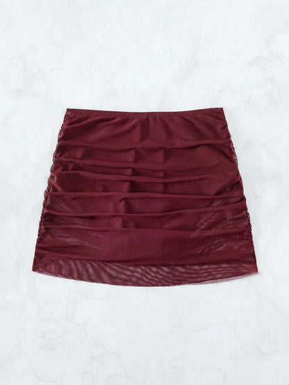 Swim Vcay Women's Holiday Versatile Ruched Swimwear Bottom Cover-Up Skirt Beach Vacation Burgundy Summer Casual Swimwear Bottom Cover-Up Skirt