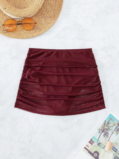 Swim Vcay Women's Holiday Versatile Ruched Swimwear Bottom Cover-Up Skirt Beach Vacation Burgundy Summer Casual Swimwear Bottom Cover-Up Skirt