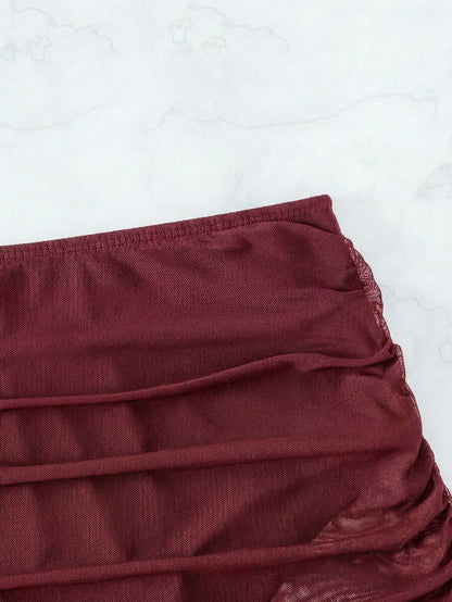 Swim Vcay Women's Holiday Versatile Ruched Swimwear Bottom Cover-Up Skirt Beach Vacation Burgundy Summer Casual Swimwear Bottom Cover-Up Skirt