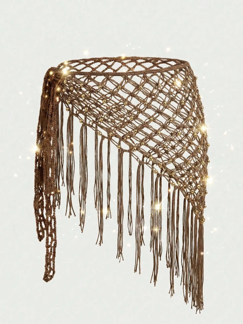 Swim Vcay Women's Hollow Out Beaded And Tassel Decor Cover Up Suitable For Beach Vacation Brown Summer Beaded Boho
