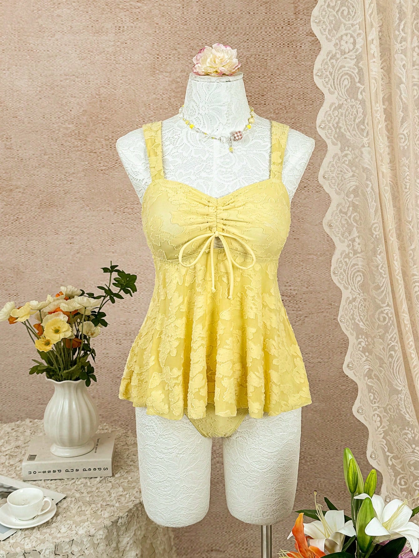 Swim Vcay Women's Jacquard Pleated Tankini And Triangle Tankini Bottom Two-Piece Swimsuit Set, Suitable For Summer Vacation And Beach Vacation Yellow Sexy