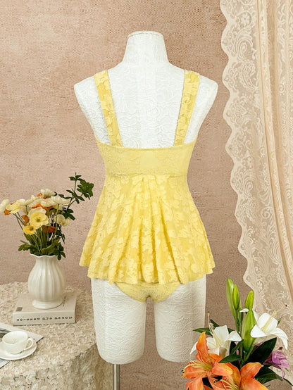 Swim Vcay Women's Jacquard Pleated Tankini And Triangle Tankini Bottom Two-Piece Swimsuit Set, Suitable For Summer Vacation And Beach Vacation Yellow Sexy